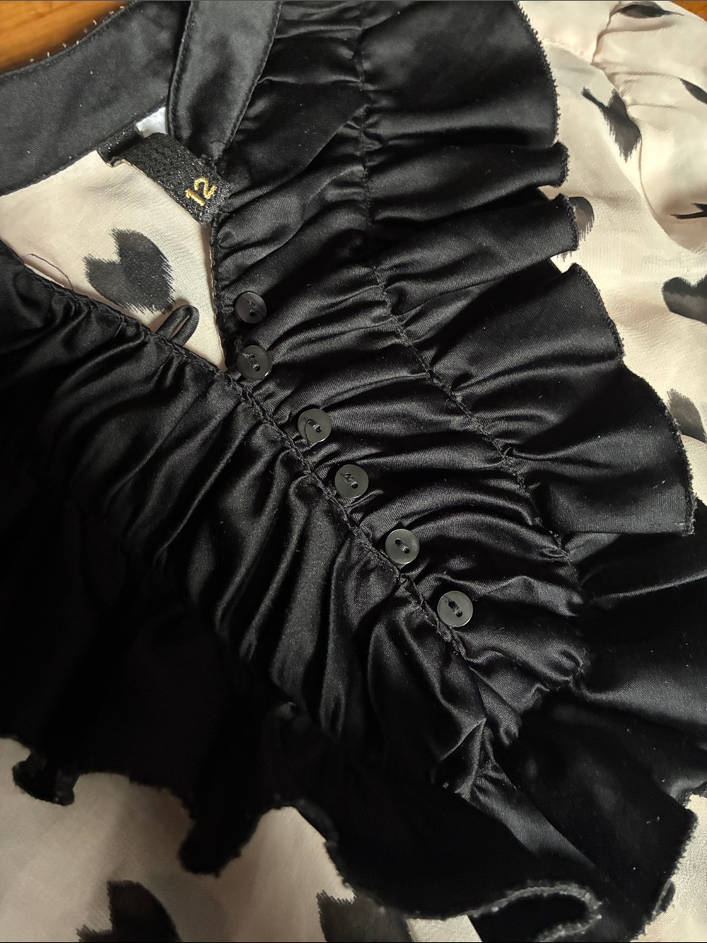 Black & Pink Heart-Print Ruffle V-Neck Blouse - Picture 2 of 4